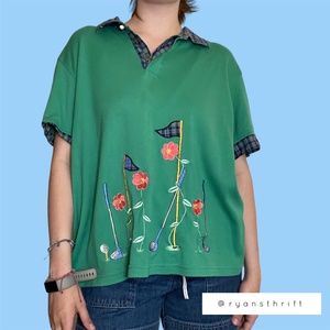 vintage plaid & floral embroidered polo